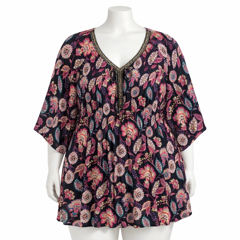 Catherines 2X‎ Paisley Floral Pleated Beaded V Neck 3/4 Sleeve Tunic Top Blouse